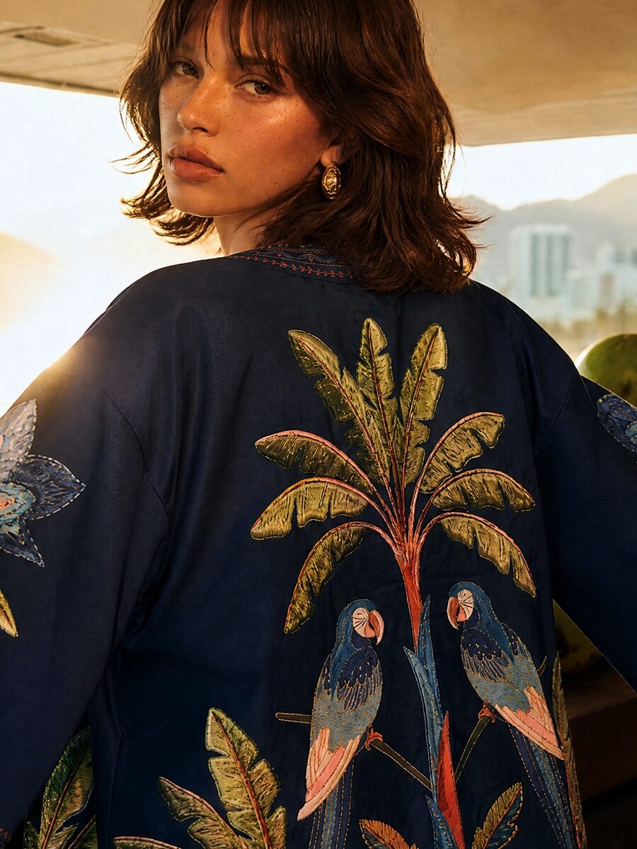 CAJUNI Women's Coconut Tree Pattern Casual Daily Kimono Cover Up - Navy Blue - View 1