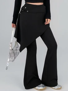 DAZY Autumn Korean Style Asymmetrical Peplum Skirt Black Long Pants Casual Street Fitness Women's Sports Leggings - Black - View 10