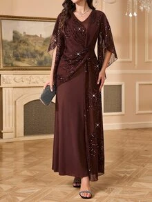 Amorya Women's Patchwork Sequin Mesh Elegant Glamorous Long Dress - Coffee Brown - View 5