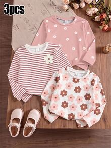 SHEIN Vintaside Kids 女童長袖T恤 花卉與條紋印花 粉色白色休閒秋季上衣 3件組 - 彩色 - 查看 1