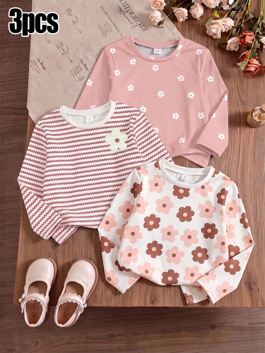 SHEIN Vintaside Kids 女童長袖T恤 花卉與條紋印花 粉色白色休閒秋季上衣 3件組 - 彩色 - 查看 1