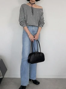 FRIFUL Sweatshirt Longgar Asimetris Model Korea Baru untuk Wanita, Dekorasi Manik-manik, Bahu Asimetris, Awal Musim Gugur - Grey - View 5