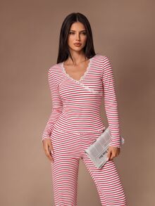 Lazeform Red And White Striped Casual Long Sleeve Lace Trim Women's Pajama Set - Red and White - View 7