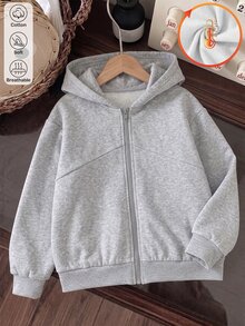 SHEIN 青少年女孩抓絨內裡休閒拉鍊連帽衛衣 秋冬純色保暖加厚運動衫 - 灰色 - 查看 4