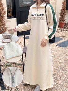 Mulvari Eggshell-Colored Collar Half-Zip Green Lettered Fleece Color-Block Long-Sleeved Casual Dress Fall/Winter - Apricot - View 4