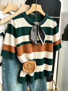 Franclia 女款春夏優雅休閒極簡時尚通勤百搭設計可拆卸圍巾蝴蝶結灰色短袖正肩圓領修身顯瘦大碼套頭針織衫 - 墨綠色 - 查看 4