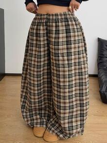 POPSWAY Plus Size Women's Elastic Waist Wide Leg Loose Casual Plaid Pants - Multicolor - View 6