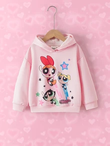 THE POWERPUFF GIRLS X SHEIN Young Girl Long Sleeve Casual Loose Hooded Sweatshirt - Pink - View 3