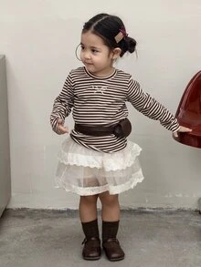 DAZY Baby Girl Round Neck Striped Bow Embroidery Long Sleeve Top - Black and White - View 2