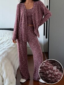 DAZY Women's Tie-Dye Long Sleeve Robe, Round Neck Tank Top And Pants Casual Pajama Set - Burgundy - View 3