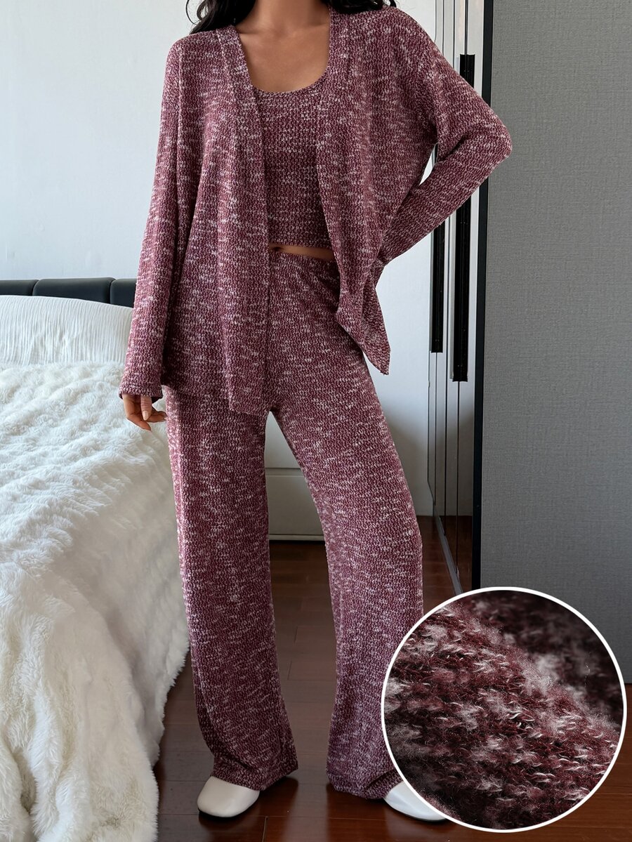 DAZY Women's Tie-Dye Long Sleeve Robe, Round Neck Tank Top And Pants Casual Pajama Set - Burgundy - View 1