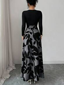 Elenzga Robe grande taille pour femmes à col en V, manches longues, Top en tricot côtelé, jupe à imprimé feuilles, bloc de couleurs, robe fluide amincissante coupe A pour rendez-vous et sorties - Multicolore - Voir 2