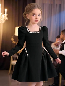 Elladie kids 聖誕服飾、年輕女孩秋季服裝、秋季穿搭、年輕女孩紅色針織紋理面料方領珠飾下擺半圓形抓皺洋裝、抓皺邊緣配珠飾飾邊與拼接羊腿袖，時尚優雅，適合日常穿著、通勤、聚會與派對 - 黑色 - 查看 1