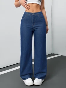 SHEIN Tall CURVE 大尺碼女款寬鬆寬腿休閒百搭牛仔褲，附口袋 - 中等水洗藍 - 查看 3