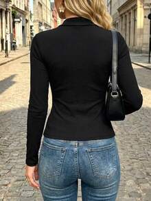 Cévolie Women's Solid Color Fashion Velvet Design Long Sleeve Ribbon Blouse - Black - View 2
