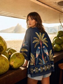 CAJUNI Women's Coconut Tree Pattern Casual Daily Kimono Cover Up - Navy Blue - View 2