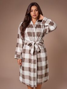 Lazeform Casual Plaid Print Long Sleeve Long Robe Plus Size - Multicolor - View 3