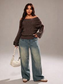 Rustia Plus Size Solid Color Off-Shoulder Sweater Pullover Top, Autumn/Winter - Rust Brown - View 4