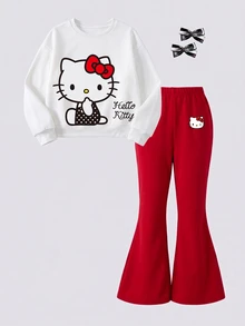 HELLO KITTY AND FRIENDS | SHEIN 女嬰春秋冬兩件套，圓領長袖印花衛衣搭配純紅色喇叭褲，可愛休閒幼兒套裝，適合日常穿著與外出 - 紅色 - 查看 6
