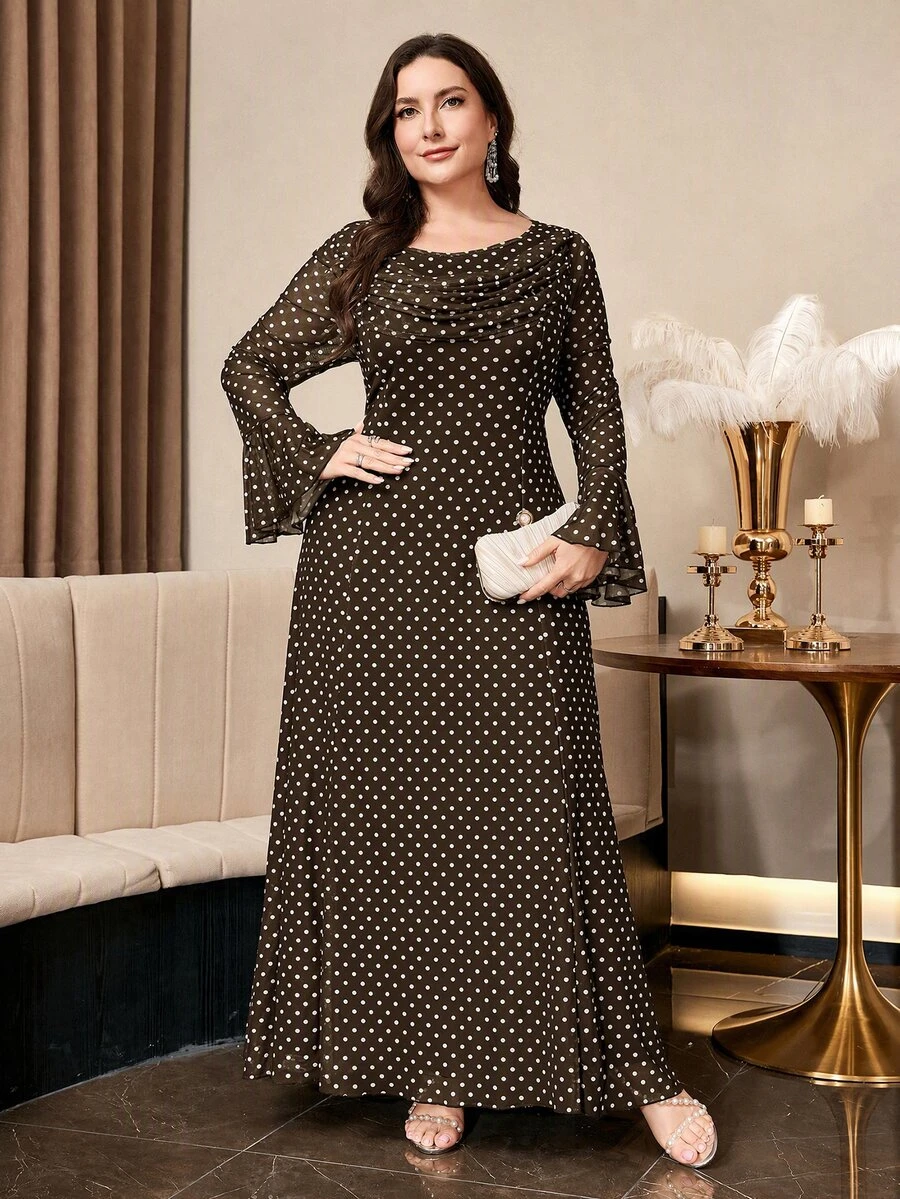 Reflora Plus Size Women's Polka Dot Print Cowl Neck Flare Sleeve Elegant Dress Fall - Coffee Brown - View 1