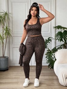 SHEIN EZwear 豹紋休閒大尺碼女款拉鍊方領背心與緊身褲套裝 - 咖啡棕 - 查看 9