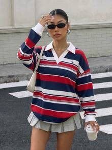 Muchica 女款 Polo 領長袖寬鬆休閒衛衣，厚實面料，適合秋冬穿著 - 彩色 - 查看 5