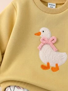 SHEIN 女嬰加厚抓絨套頭秋季衛衣，可愛鴨子刺繡圖案，百搭花朵彈性印花內搭褲套裝，適合冬季 - 黃色 - 查看 5