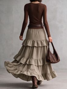 INAWLY Solva Women's Plaid Pleated Casual Versatile Skirt - Khaki - View 2