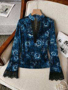 DAZY Women's Lace Patchwork All-Over Print Casual Daily Wear Blouse - Navy Blue - View 3