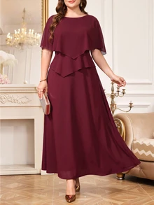 Amorya Women's Elegant Solid Color Round Neck Pullover Cape Sleeve Long Dress - Burgundy - View 4