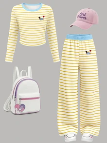 Tween Girls Long Sleeve T-Shirt & Wide Leg Pants Set Stripe Heart Embroidery Yellow Blue Fall Outfit 1 Set - Multicolor - View 4