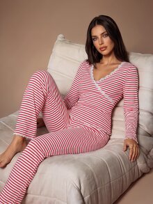 Lazeform Red And White Striped Casual Long Sleeve Lace Trim Women's Pajama Set - Red and White - View 1
