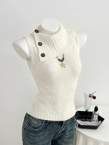 Elamini Women's Casual Versatile Design Collar Vintage Commute Daily Wear Autumn/Winter Slim Fit Sweater Vest - White - View 5