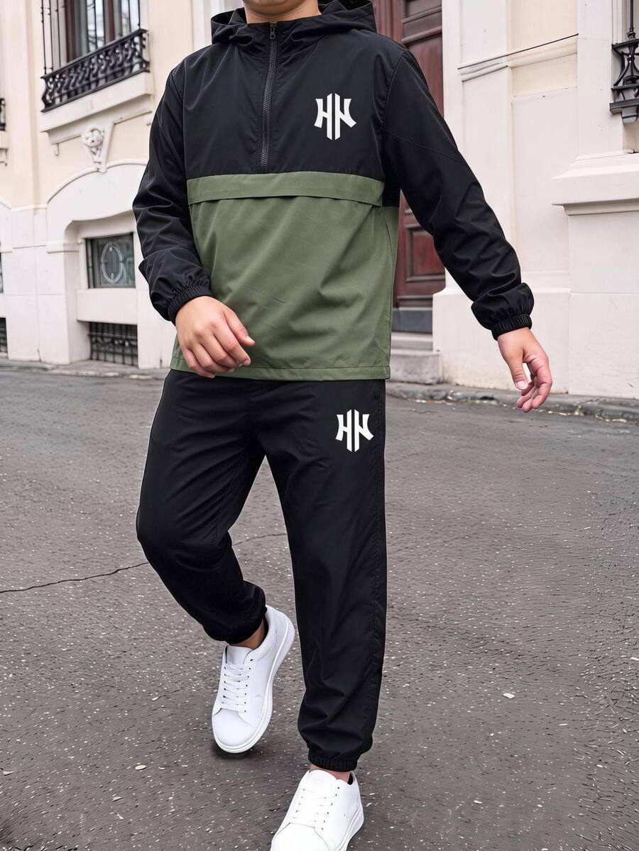 SHEIN 2件組兒童青少年男孩休閒運動圖案連帽外套與黑色長褲套裝,適合秋冬、學校、家庭聚會、度假、派對,男孩套裝 - 彩色 - 查看 1