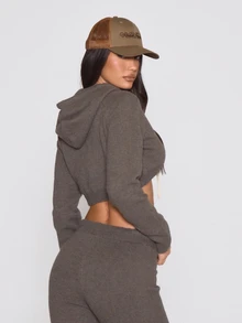 MUSERA Knitted Cropped Curved Hem Hooded Jumper Autumn Winter Fall Coolgirl Holiday Everyday Roadside Renegade - Grey - View 4
