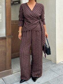 Dazy Plus Fashion Striped Asymmetric Button-Up Shirt And Pants 2 Pieces Set, Playful Commuter Casual Outfit - Rust Brown - View 7