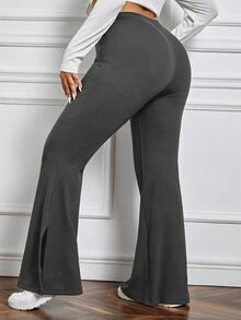 SHEIN EZwear 秋冬休閒深灰色大尺碼女款側開衩喇叭褲 - 深灰色 - 查看 2