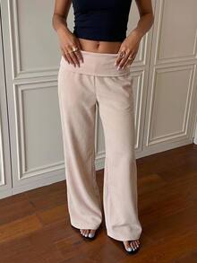 SHEIN EZwear Women's Solid Color Casual Versatile Daily Wear Long Pants - Khaki - View 4