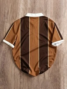 Manfinity Joysei Men's Striped Letter Print Button Half-Placket Polo Shirt - Brown - View 2
