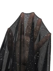 Velvienne Plus Size Women's Autumn Minimalist Solid Color Semi-Sheer Fitted Cowl Neck Sparkling T-Shirt, Suitable For Daily Wear Fall - Black - View 6