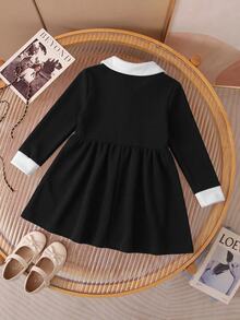 SHEIN Baby GirlAcademy Style Black & White Long Sleeve Collared Dress - Black - View 2