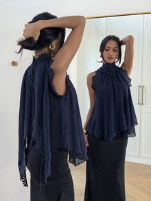 Aloruh 女款優雅雪紡蕾絲拼接荷葉領襯衫 - 藏蓝色 - 查看 3