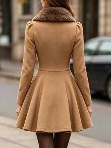 SHEIN LUNE Women's Solid Color Fur Collar Double-Breasted Long Sleeve Ruffle Hem Elegant Jacket - Coffee Brown - View 2