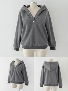 Sunspun Plus Size Button Half-Placket Long Sleeve Hooded Sweatshirt - Dark Grey - View 1