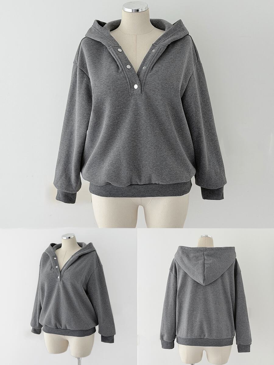 Sunspun Plus Size Button Half-Placket Long Sleeve Hooded Sweatshirt - Dark Grey - View 1