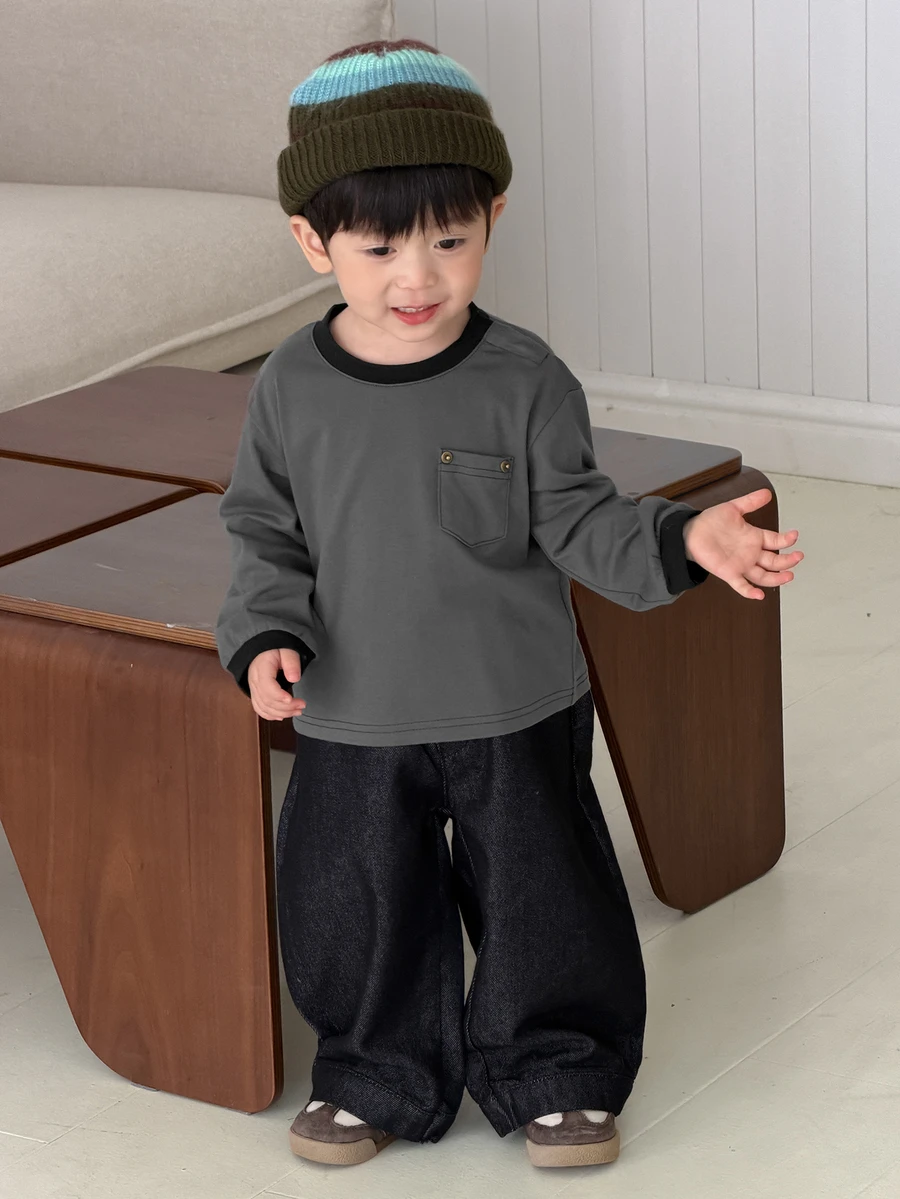 DAZY Infant (Boy) Round Neck Solid Color Spring/Autumn Top - Dark Grey - View 1