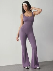 SHEIN Dewbera Minimalist Casual Sports One-Piece Flared Pants - Bold Plum - View 3