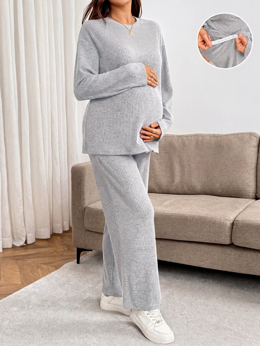 SHEIN 孕婦純色圓領長袖T恤與可調腰長褲休閒兩件套 - 灰色 - 查看 1