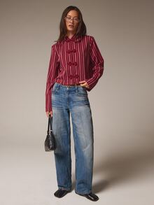 Athîral Women's Casual Burgundy Striped Frog Button Shirt, Suitable For Autumn Wear, Business Casual Or Professional Style - Burgundy - View 3