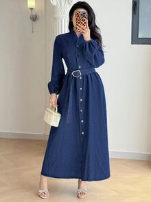 SHEIN MOD Women's Long Sleeve Single-Breasted Waist Buckle Design Casual Denim Dress - Dark Wash - View 9